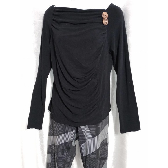 Retro soft shirred BLOUSE marble wood buttons black top JONDEN - Picture 1 of 6